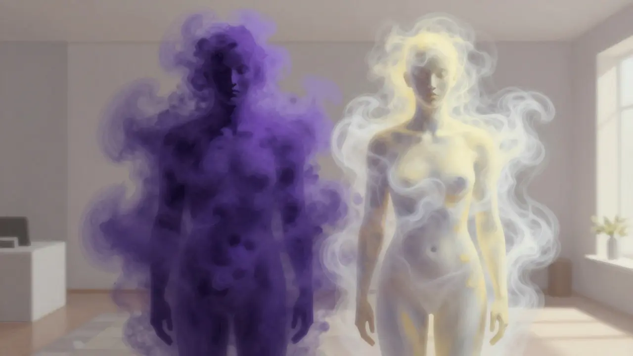 Zwei abstrakte Figuren in Wolken aus blauem und gelbem Nebel, die unterschiedliche Wirkungen darstellen